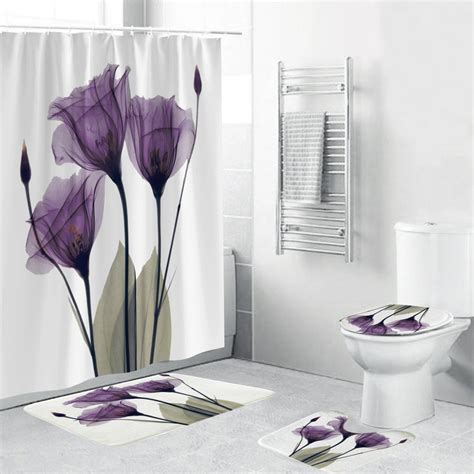 4 Piece Waterproof Shower Curtain Home Bath Non Slip Mat Set Bathroom