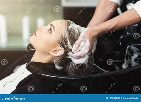 Beautician Washing Woman S Head In Beauty Salon Stock Photo Image Of