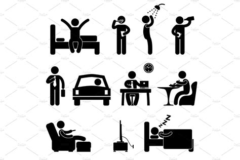 Daily Routine Activity Stick Figure Icons ~ Creative Market