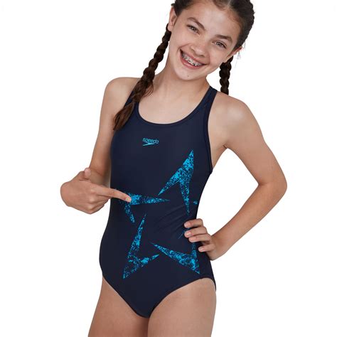 Speedo Boomstar Placement Flyback Girls Swimsuit Navyblue Run Charlie