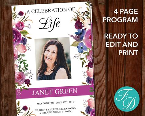 Let's get started these memorial day greetings for facebook can actually be used all year round. Purple Floral Funeral Program Template Floral Funeral | Etsy | Funeral program template, Funeral ...