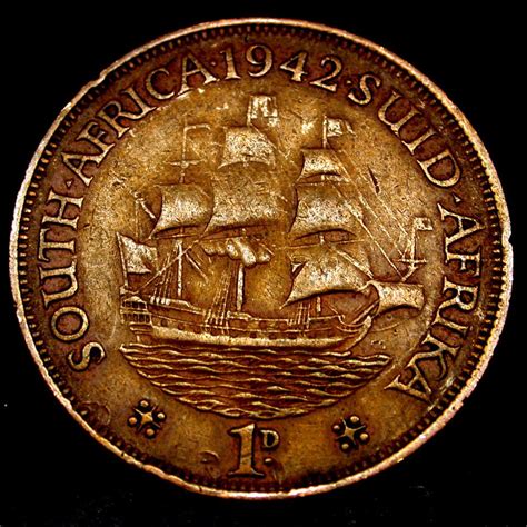 1942 South Africa 1 Cent Tall Ship Coin In Great Shape Coins Old