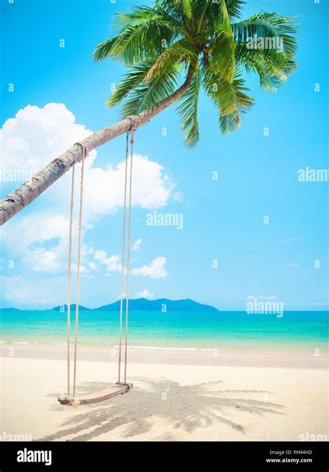 Beautiful Tropical Island Beach With Coconut Palm Trees And Swing Stock