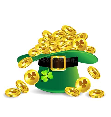 Gold Coin In Green St Patricks Day Hat With Shamrock Stock Vector