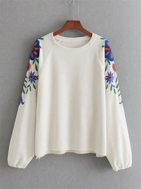 Shop Embroidered Flower Raglan Sleeve Sweatshirt Online Shein Offers