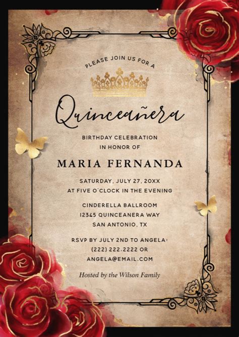 Vintage Red Rose Black Gold Elegant Quinceanera Invitation