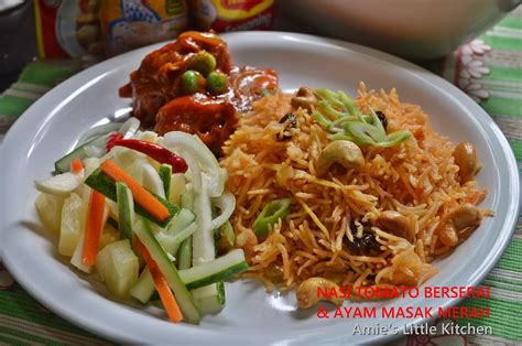 It is typically served with ayam masak merah (which is a lightly spicy chicken dish simmered in a sauce with tomatoes). AMIE'S LITTLE KITCHEN: Nasi Tomato Berserai & Ayam Masak Merah