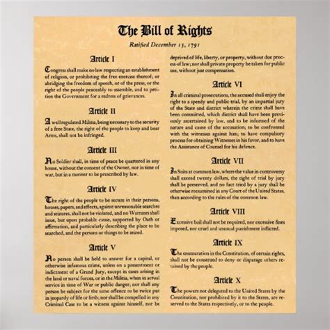 United States Bill Of Rights First Ten Amendments Poster Zazzle