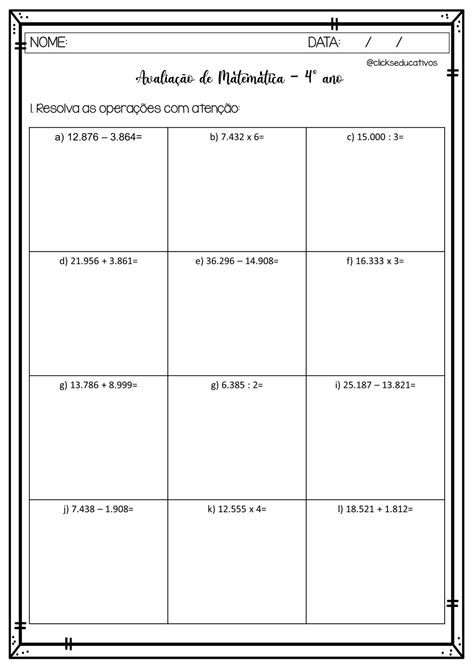Avaliação De Matemática 4o Ano