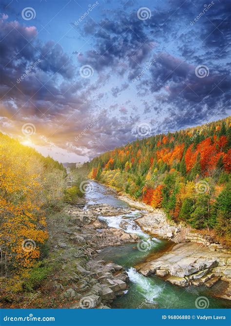 Autumn Creek Woods With Colorfull Trees Foliage And Rocks In For Stock