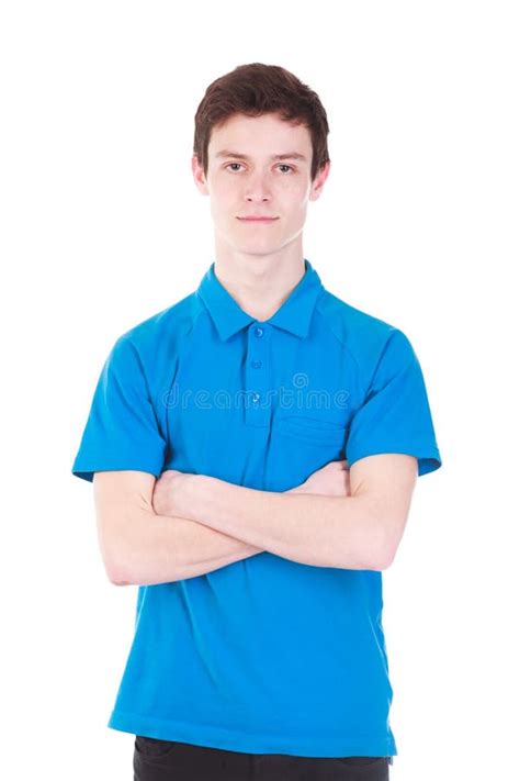 Young Handsome Man In Blue T Shirt Isolated On White Stock Photo