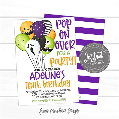 Halloween Birthday Invitation Pop On Over Birthday Invite Editable