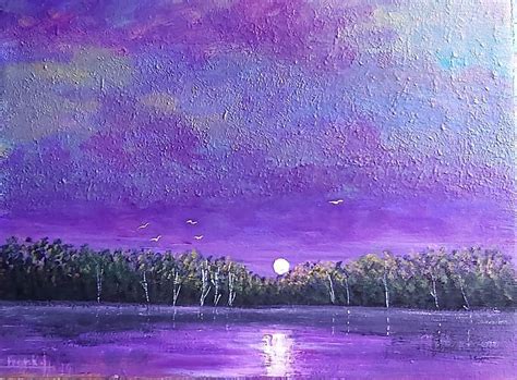 Full Moon Purple Sky Seascape Acrylic Painting Canvas Purple Sky