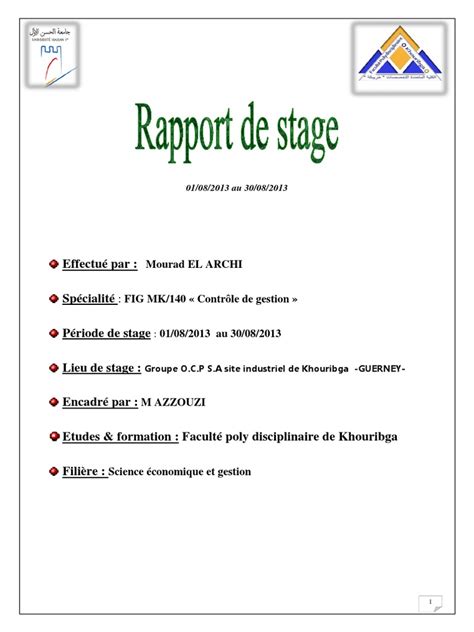 Rapport De Stage Ocp Service Controle De Gestion Business Sciences
