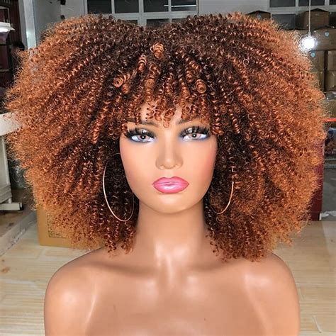 short curly afro wig with bangs kinky curly hair wig for black women synthetic full wigs 2024