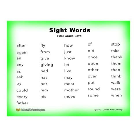 1st Grade Sight Words Printable List Gkl Golden Kids Learning