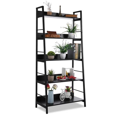 45 Tier Ladder Shelf Bookcase Leaning Home Office Free Standing Wooden