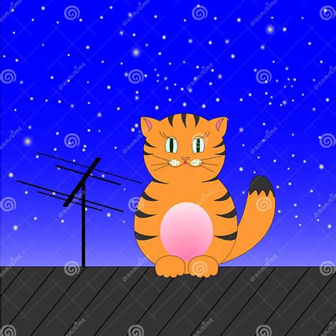 Ginger Tabby Cat Sits On A Roof On A Background Of The Sky Stock Vector