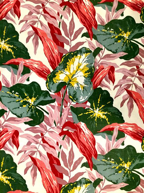 Spectacular Vintage 40s Caladium And Foliage Tropical Barkcloth Fabric