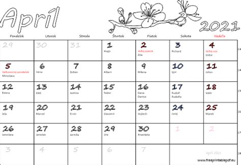 Kalendár Mien Apríl 2021 Tlač Pdf Pre Tlač Zdarma