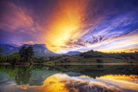 Nature Landscape Lake Sunset Mountains Field Clouds Trees