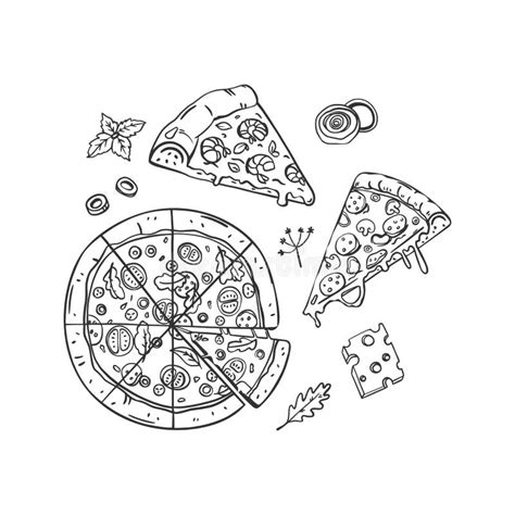 A Set Large Round Pizza Ingredients And Two Slices Stock Vector