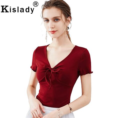 kislady 2020 new women s deep v neck sexy bow tops for autumn black white red elegant ol tshirts