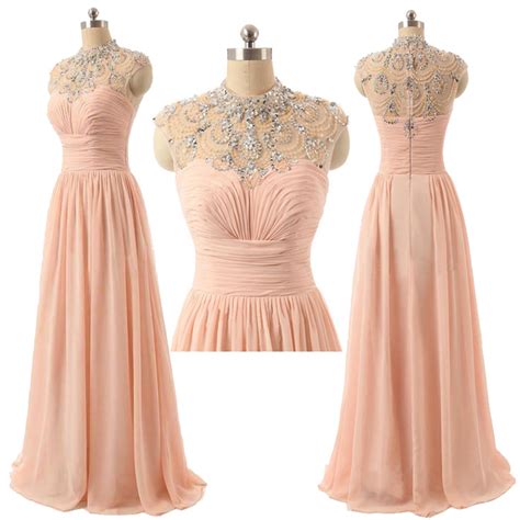 Long Chiffon A Line Prom Dress Featuring Beaded High Neck Bodice With