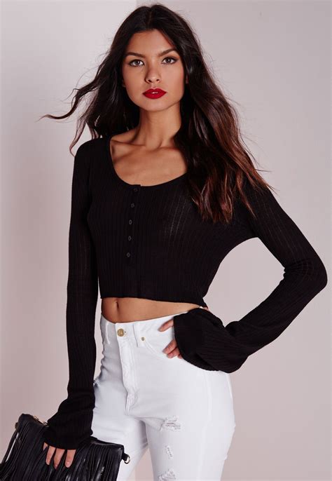 Missguided Bell Sleeve Button Up Knitted Crop Black Black Knitwear