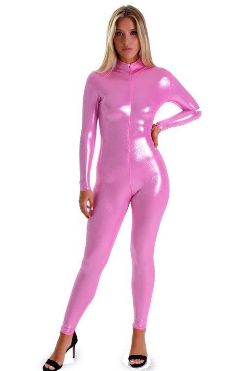 Front Zipper Catsuit Bodysuit In Metallic Mystique Bubblegum Pink Skinzwear