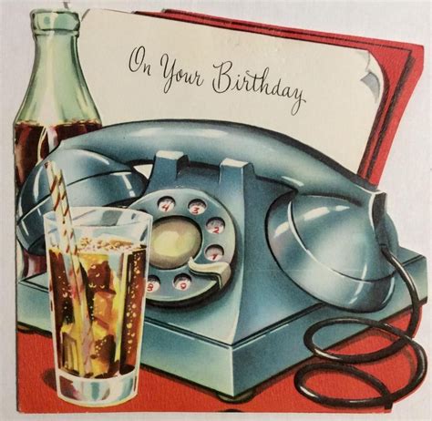 Blue Old Fashion Telephone Bottle Cola 1950s Vintage Birthday Greeting