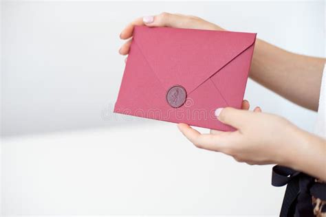 Woman Hold Invitation Cards In Hand Envelopes In Hands Close Up Stock