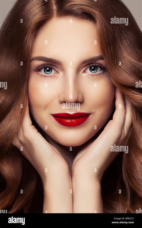 Perfect Female Face Closeup Portrait Pretty Woman With Curly Shiny Hair And Red Lips Makeup