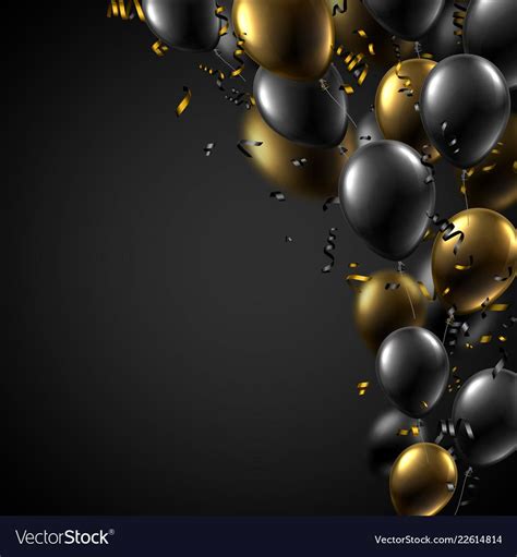 Festive Poster With Black And Gold Shiny Balloons And Serpentine