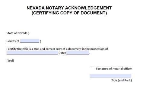 Free Nevada Notarial Certificate Certifying Copy Of Document Pdf Word