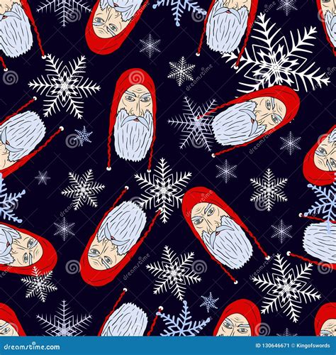 Seamless Christmas Pattern Of The Peculiar Heads Of The Medieval Santa