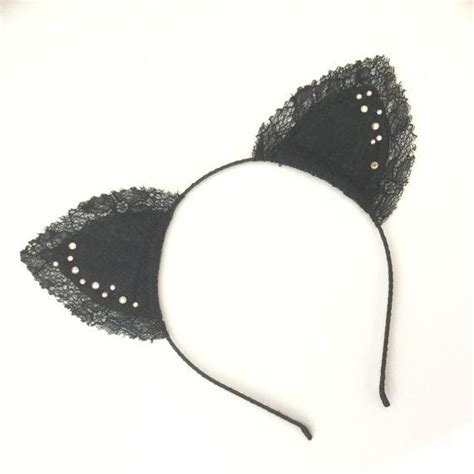 Black Lace Kitty Cat Ears Headband With Crystal Gems Etsy Ear