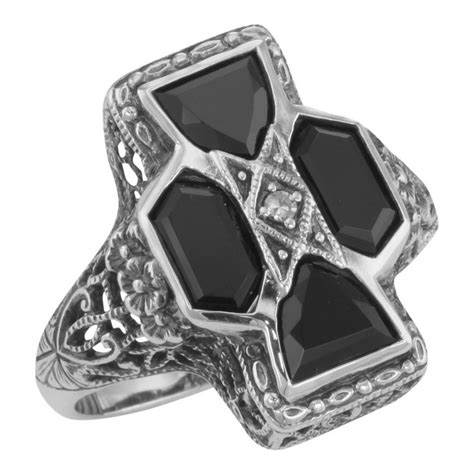 Unique Art Deco Style Black Onyx And Diamond Filigree Ring Sterling