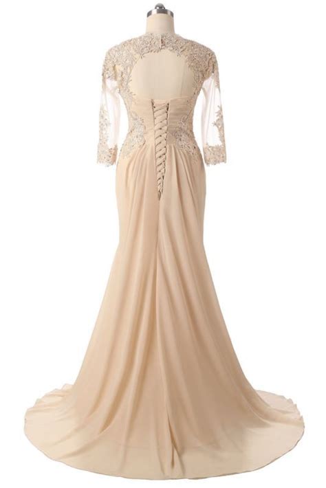 Long Sleeve Champagne Mother Of The Bride Dresses Lace Applique Evening Gowns Bride Dress Lace