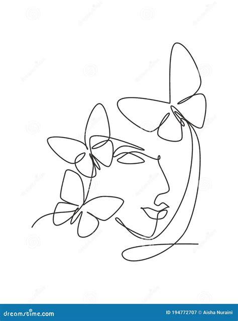 One Single Line Drawing Woman With Butterfly Line Art Vector