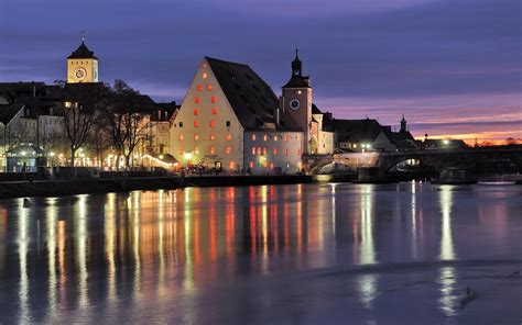 Bavaria 2k Regensburg Lights Evening Reflection River Germany Hd