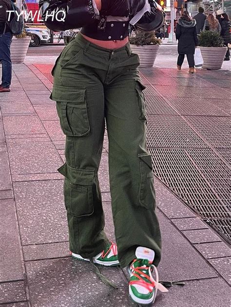 army green cargo pants baggy jeans women fashion streetwear pockets straight high waist casual