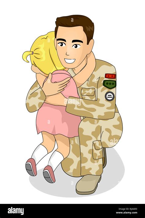Ilustración De Un Chico Chica Llorando Y Abrazando A Su Padre Soldado