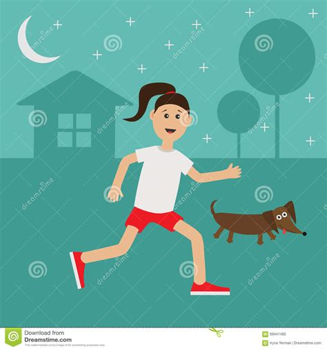 Cartoon Running Girl Dachshund Dog Cute Run Woman Night