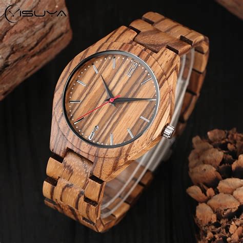 Zebra Pattern Bamboo Wooden Wrist Watch Mens Handmade Natural Wood