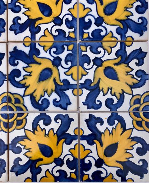 Vintage Blue And Yellow Hand Painted Portuguese Ceramic Tiles Set Of