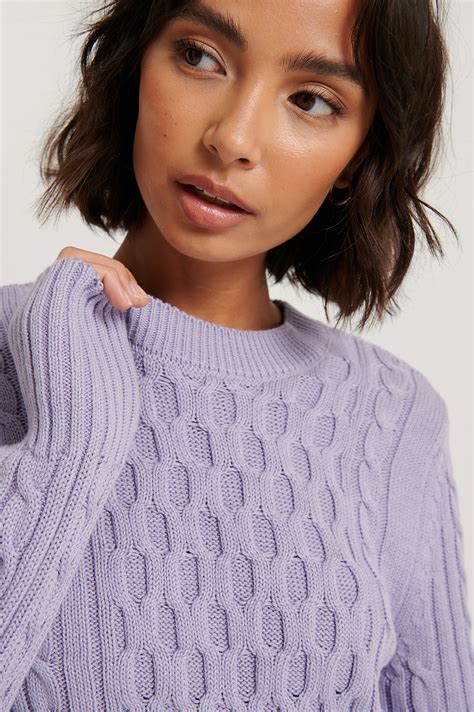Cable Knit Round Neck Sweater Purple Na