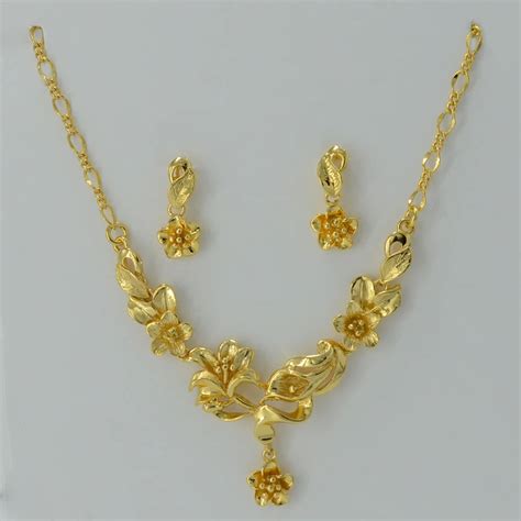 Gold Flower Set Jewelry Necklace Pendant Earrings Plant Gold Plated