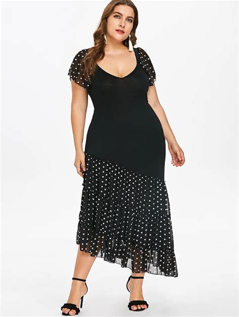 Wipalo Plus Size 5xl Polka Dot Print Open Back Asymmetric Dress Plunging Neck Short Sleeves