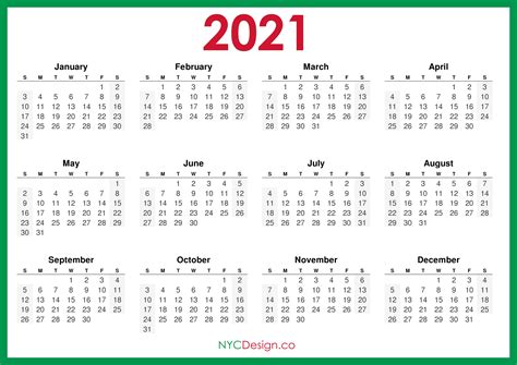 2021 Calendar Printable Free Horizontal Green Hd Sunday Start